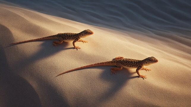 Two lizards on sandy dune at sunset Desert reptiles basking in golden light