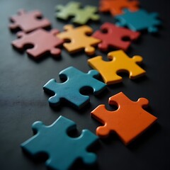 Colorful Jigsaw Puzzle Pieces on Dark Background – Close-Up Contrast and Playful Composition