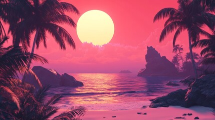 Tropical beach at sunset with palm trees and gentle waves