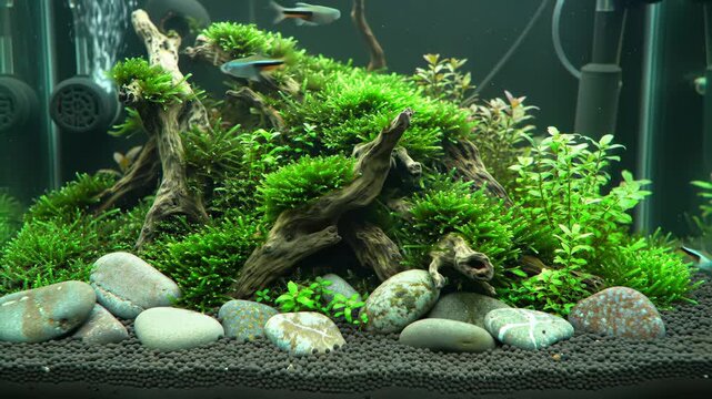 Peaceful Aquatic Environment with Lush Greenery and Graceful Fish