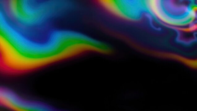 Blurred rainbow refraction overlay effect. Light lens prism effect on black background. Holographic reflection, crystal flare leak shadow overlay. Colorful rainbow disco ball light