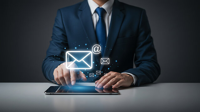 businessman uses tablet to send an email digitally - Powered by Adobe