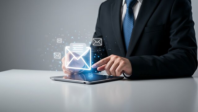 closeup of man touching email icon on tablet