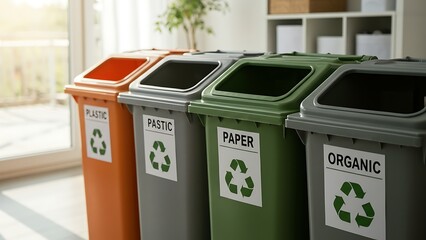 four colorful recycling bins for waste sorting