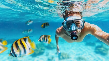 Person snorkeling in a clear blue ocean with colorful fish, underwater