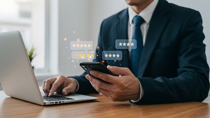 Businessman using smartphone and laptop with glowing digital interface