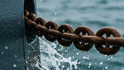 closeup of a rusty ship anchor chain with water splashing