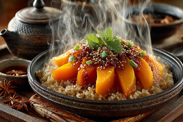 Steamed Pumpkin Rice with Vibrant Pumpkin Slices Nestled in Fluffy Steamed Rice and Dramatic Steam Billowing from the Bowl
