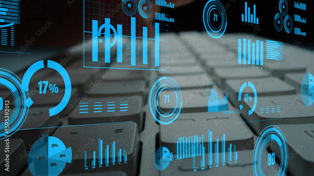 Poster a modern keyboard surrounded by futuristic data visuals displays metrics, charts, and graphs, emphas