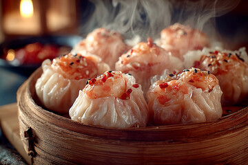 Succulent steamed shrimp shumai with translucent wrappers showcasing juicy pink shrimp stacked dynamically with steam floating upward in an appetizing display