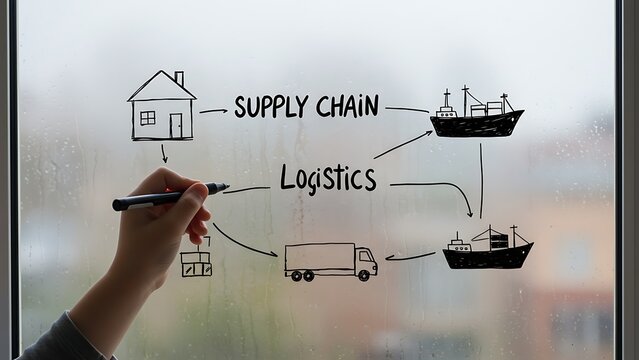hand draws a supply chain and logistics diagram
