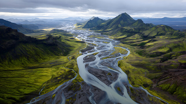 Majestic aerial view of a braided river system flowing through lush green icelandic highlands