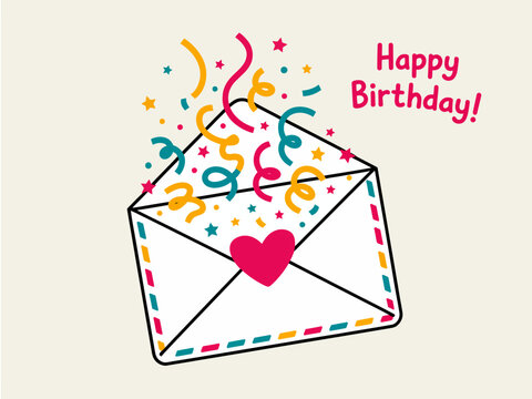 Open envelope with colorful confetti stars and heart for happy birthday greetings and celebration with a festive background design
