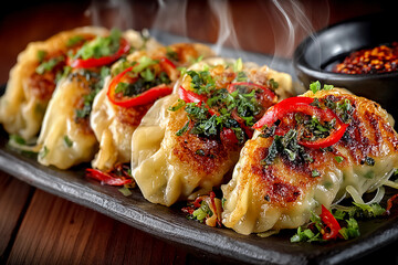 Steamed Vegetable Gyoza with Golden Edges and Vibrant Veggie Fillings Under Translucent Skins with Gentle Steam Rising Delicious Asian Dumplings