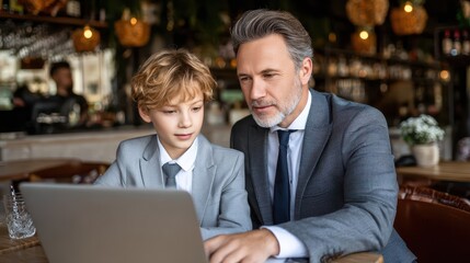 Father and son working together on a laptop in a cafe.