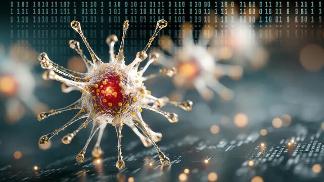 Microscopic Virus 3D Rendering Detailed View Glowing Particles Dark Background