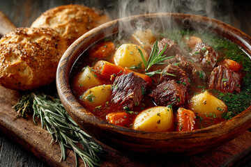 Hearty beef stew with tender meat, potatoes, carrots, fragrant herbs, and fresh crusty bread perfect for a warm, comforting meal