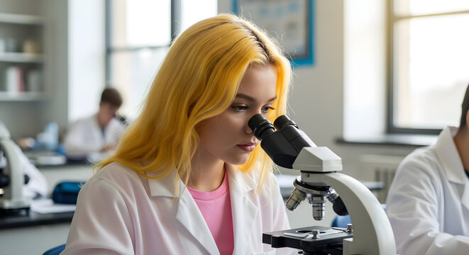 Focused student in a lab coat examining a microscope.