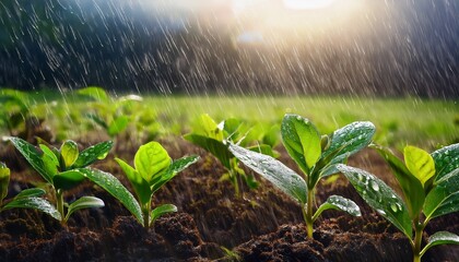 green plants growing in a field under heavy rain water droplets are visible