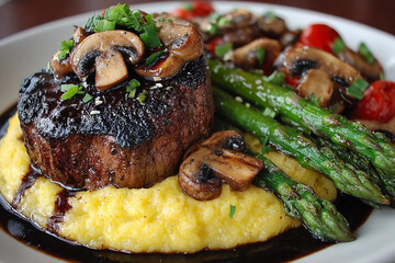 Perfectly Seared Beef Filet Mignon with Mushroom Demi-Glace Served on Creamy Polenta and Grilled Asparagus for Gourmet Dining Experience