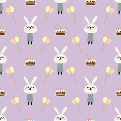 Cute bunny party pattern on purple background
