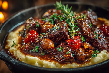 Hearty beef bourguignon with tender meat chunks in rich wine sauce served with creamy buttery mashed potatoes comfort food meal