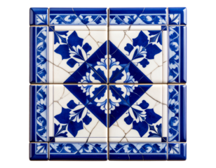Top-Down View of Glossy Cracked Glaze Square Tile with Blue and White Pattern, Isolated PNG