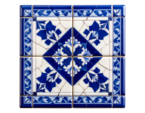 Top-Down View of Glossy Cracked Glaze Square Tile with Blue and White Pattern, Isolated PNG