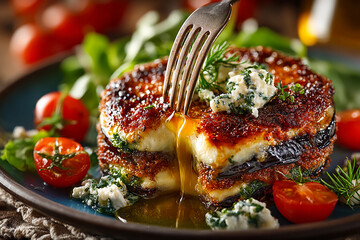 Fork cutting into perfectly layered eggplant parmesan baked bubbling mozzarella cheese vibrant tomato sauce fresh green salad