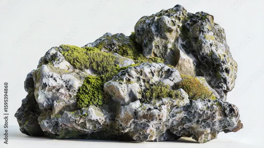 Poster a rock covered in moss sitting on a white surface, ideal for use as a decorative element or to add s