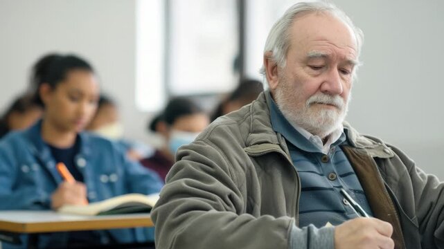 A student sits at a desk in a classroom, focused on their schoolwork
