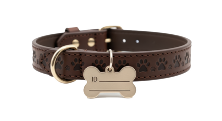 A brown leather dog collar with paw prints and a bone shaped id tag on a black background close up view