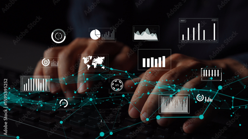 Poster a focused workspace scene featuring hands typing on a keyboard surrounded by digital graphics repres