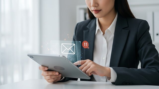 woman using tablet with email and notification icons