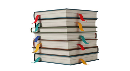 Stack of books with colorful bookmarks sticking out of the pages on a plain black background image