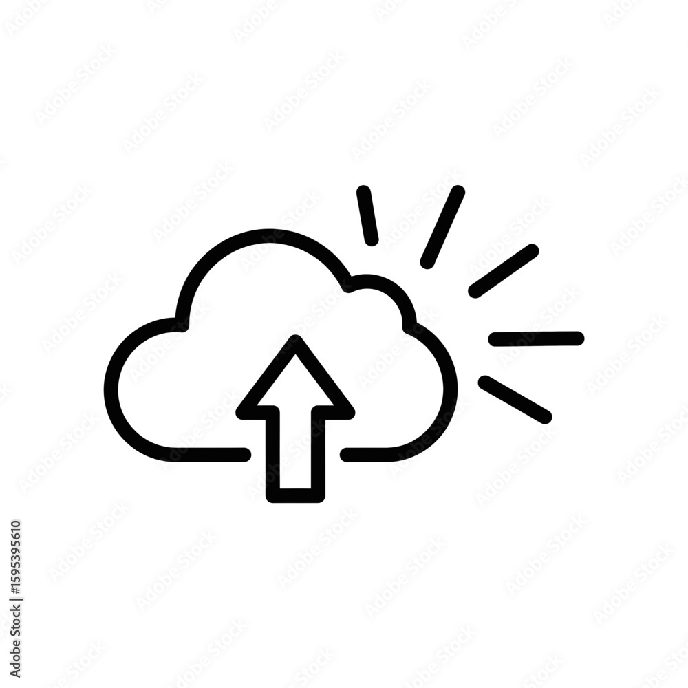 Aufkleber cloud upload icon with upward arrow and sun rays concept of vector icon