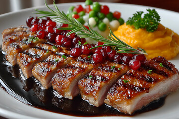 Delicate roasted duck breast slices elegantly plated with tangy cherry reduction sauce and creamy sweet potato purée for gourmet dining experience