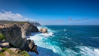 rocky cliffs overlooking a vibrant blue ocean with waves crashing against the rugged shoreline
