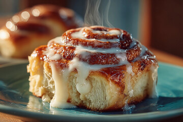 Freshly baked sweet cinnamon rolls with smooth cream cheese frosting melting down the sides, delicious homemade dessert treat indulgence bakery pastry