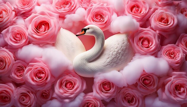 roses and pink foamy clouds surrounded by a white swan