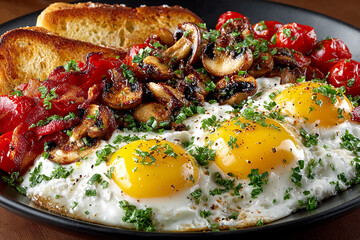 Vibrant colorful breakfast plate featuring sunny-side-up eggs, sautéed mushrooms, grilled tomatoes, crispy bacon, and buttery toast in a delicious morning meal