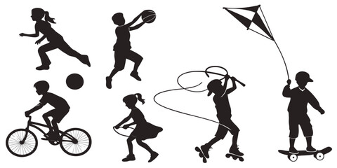 Vector Silhouettes of Kids Playing, Diverse Children in Outdoor and Indoor Activities