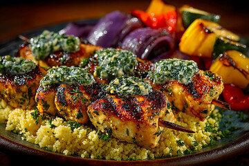 Delicious grilled chicken skewers marinated in herbs served with aromatic couscous and colorful roasted vegetables perfect for a healthy meal