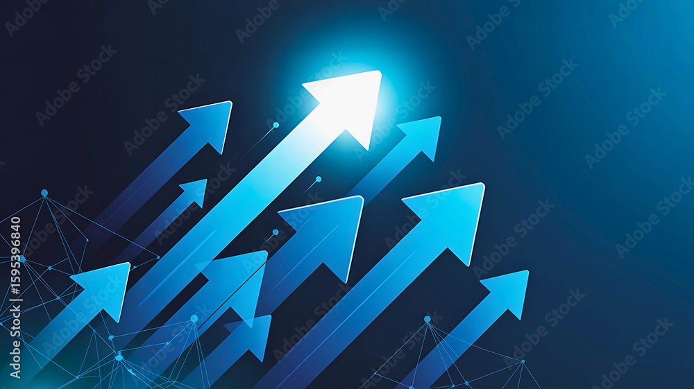 Poster abstract blue background with dynamic arrows, a modern digital design symbolizing business direction