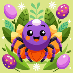 Naklejka premium Cute cartoon purple spider with colorful easter eggs and green leaves
