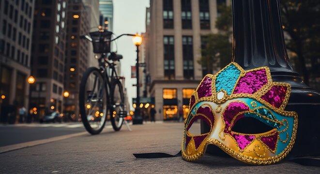 Mysterious mask on a city street with bicycle creating an urban Carnival vibe full of joy and