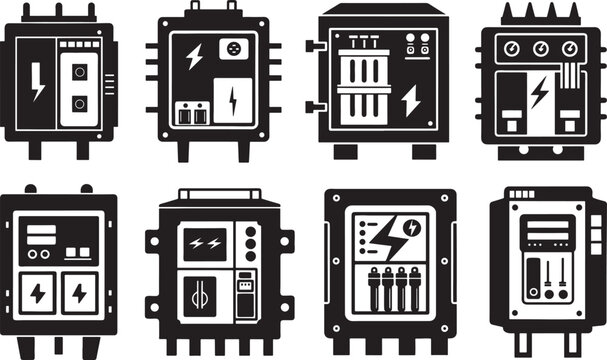 set of electric circuit breaker panel silhouette, black and white silhouette, vector and illustration
