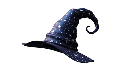 A dark blue witch hat with white stars on a black background with a curled tip on the top right side