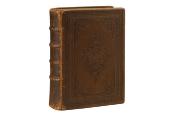 Closed antique book with brown leather cover and embossed floral decorations, isolated on transparent background, maintaining its historical charm