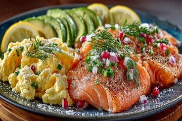 Beautifully Arranged Plate of Fluffy Scrambled Eggs with Smoked Salmon Sliced Avocado Lemon Wedges and Fresh Dill Breakfast Food